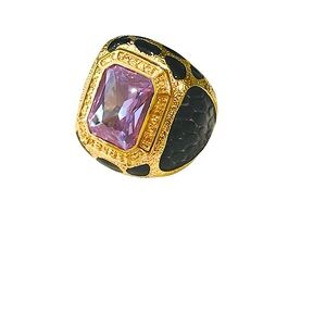 Noir Gold and Black cocktail Ring with Purple huge Gemstone